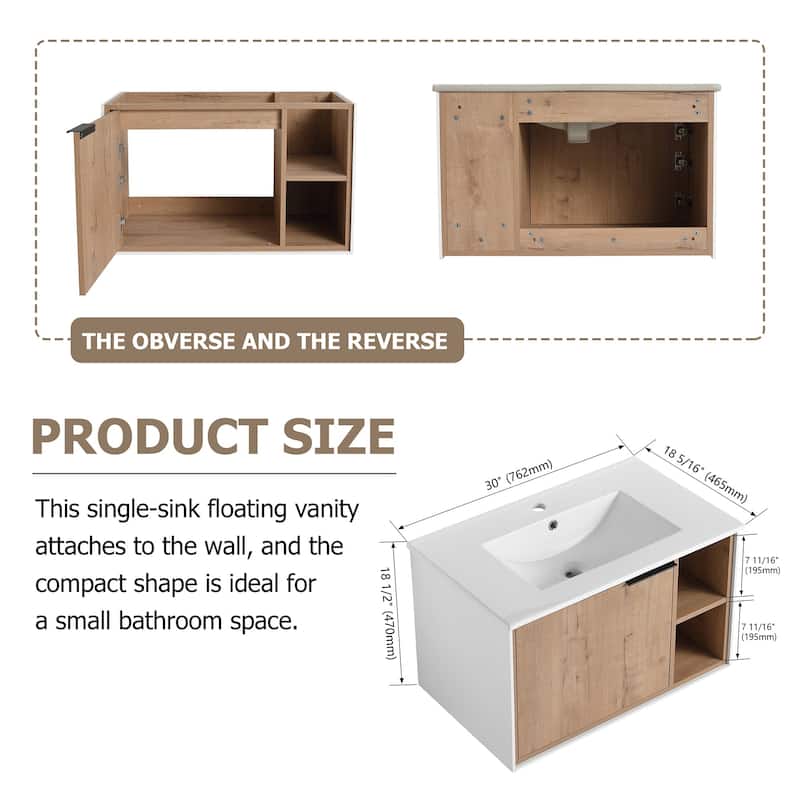 30 inch Wall-Mounted Bathroom Vanity Set in Imitative Oak with Integrated Ceramic Sink