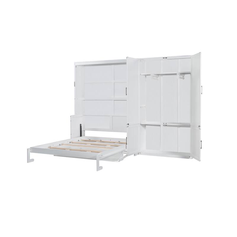 Roomfitters Queen Size Murphy Bed with Closet, Hydraulic Lift Wall Bed with Storage Cabinet, White