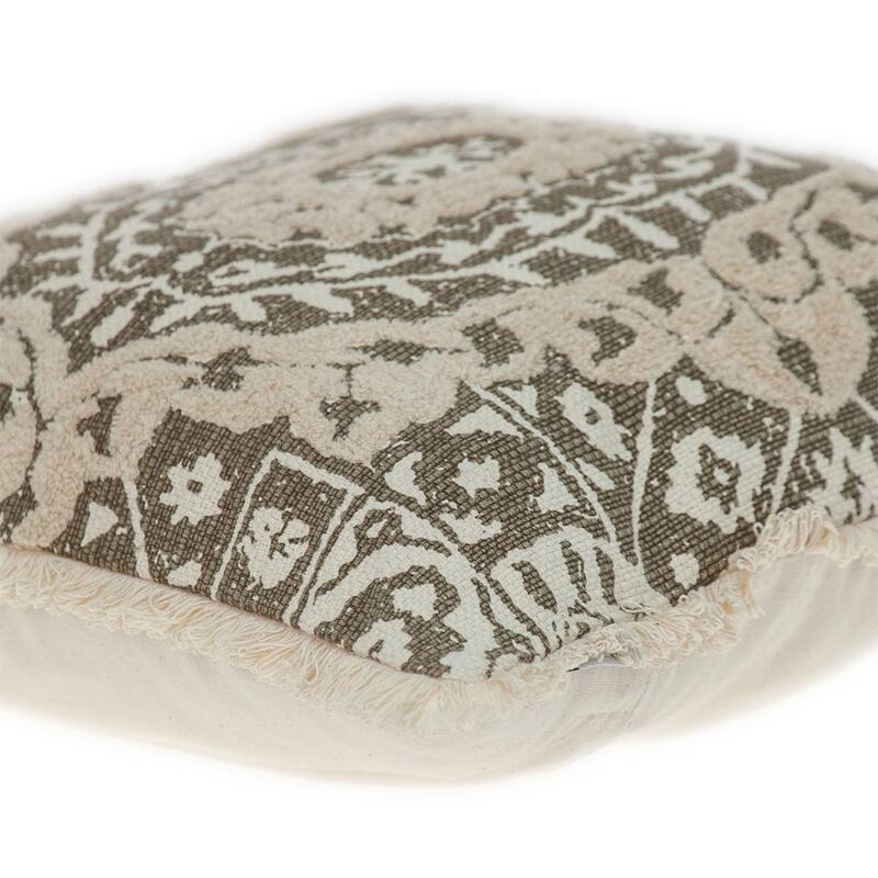 HomeRoots 18" Beige And Brown Geometric Cotton Blend Throw Pillow with Fringes And Texture