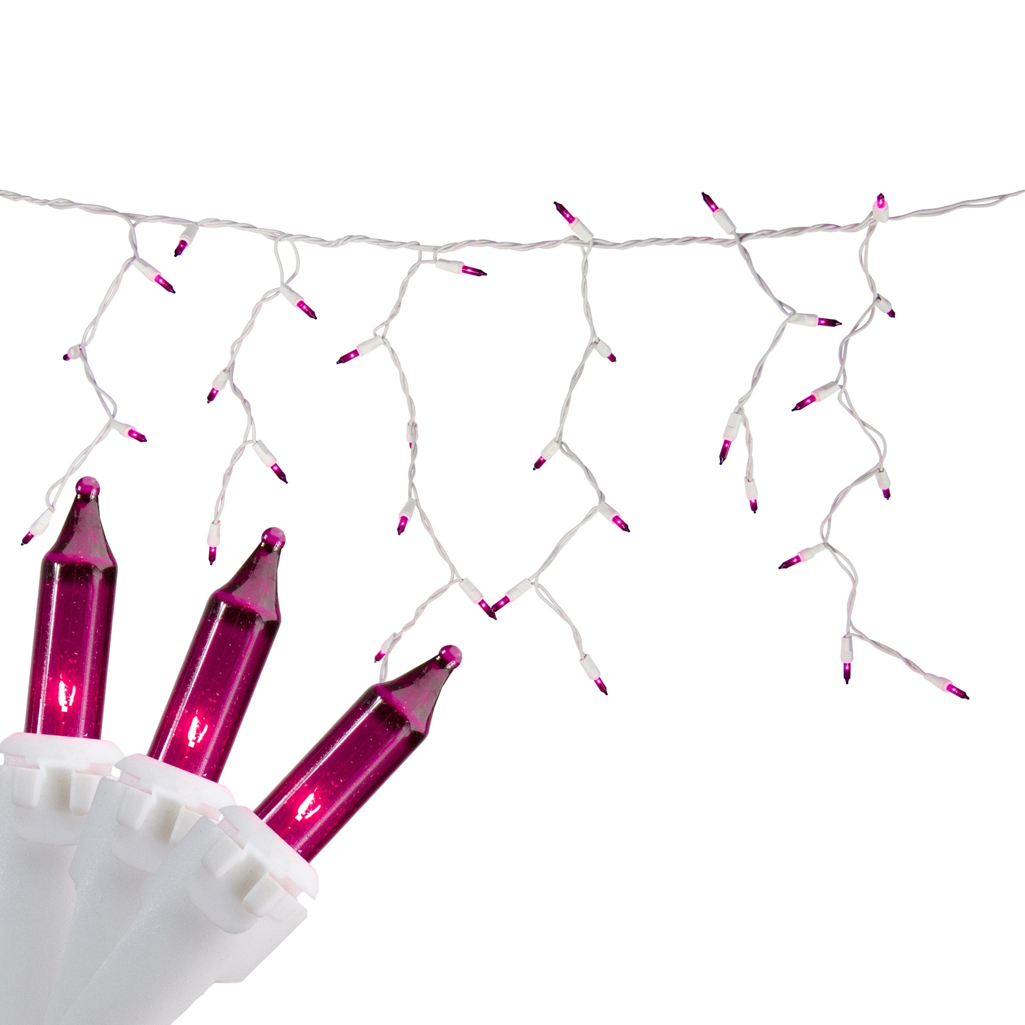 Mini Incandescent Icicle Christmas Lights Purple 3.5' White Wire 100Ct