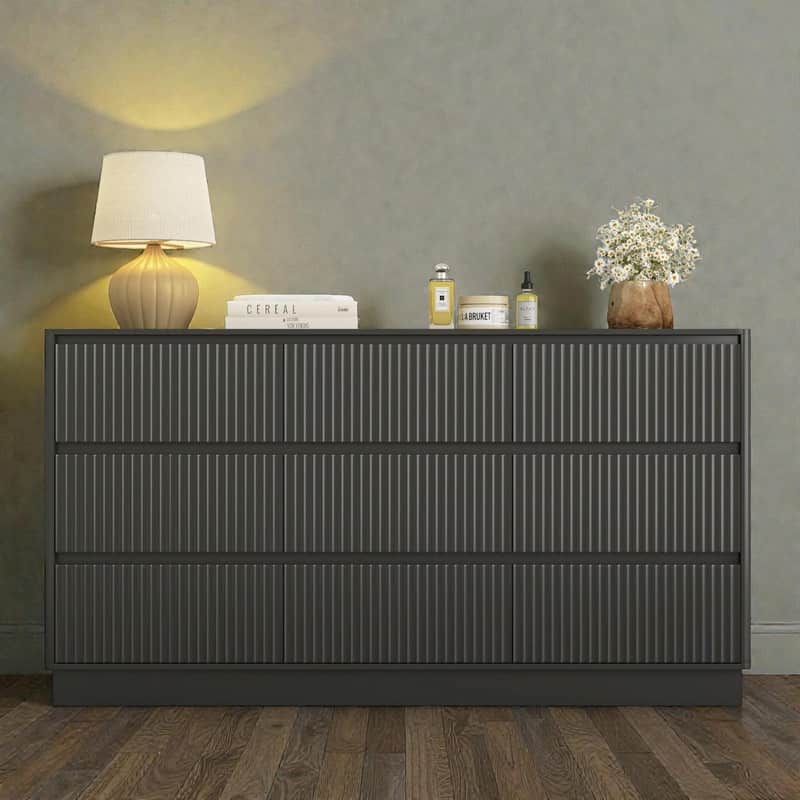 9-Drawer Wide Wood Dresser for Bedroom, 63" Modern Storage Chest, Mid-Century Long Dresser or TV Stand Cabinet - Black