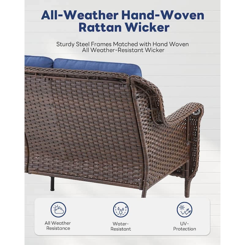 Outdoor Patio 3-Seat Sofa with 2 Ottomans Brown - Blue