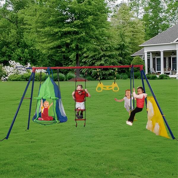 slide 2 of 9, Interesting four function swingset with net swing and face to face metal plastic safe swing seat for age 3+ Red