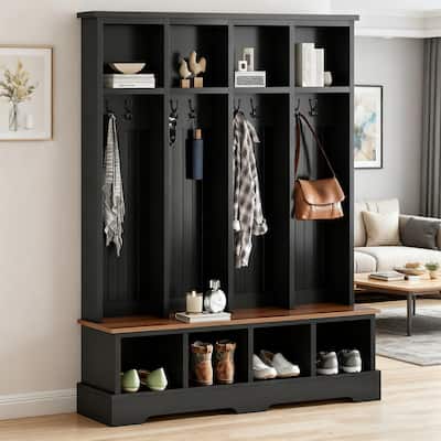 Farmhouse Hall Tree Bench with 8 Hooks & Storage Compartments