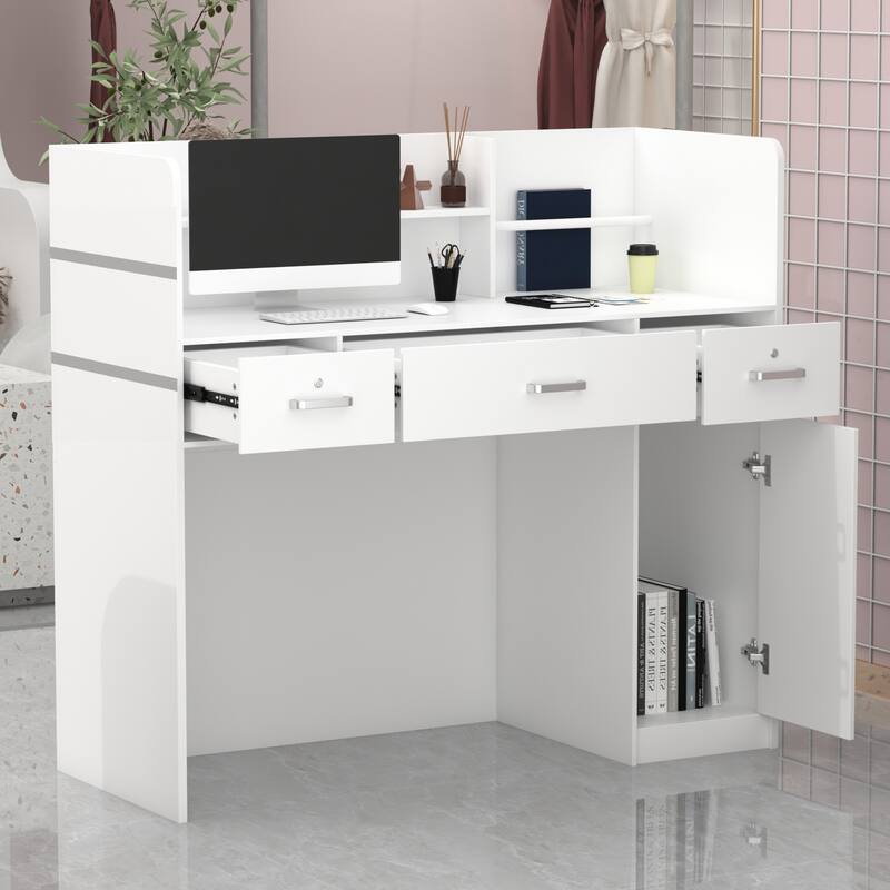 Reception Desk Front Counter Table with Drawer Shelf White by Timechee