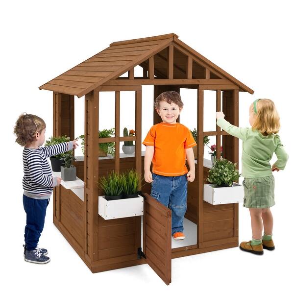 slide 2 of 9, Natural White Fir Wood Kids Playhouse with Flowerpot Holders and Large Windows - 47.5" L x 38.5" W x 54" H Natural-White