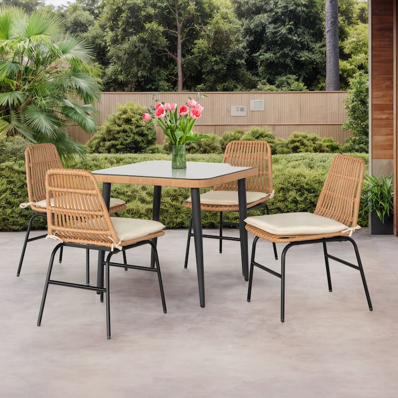 5 Piece Outdoor Dining Set, Glass Table with Woven Chairs for Patio, Balcony & Garden - 24.01"L x 20.87"W x 28.74"H