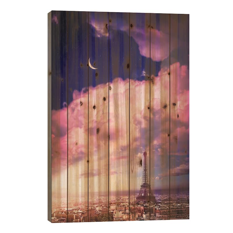 Romantic Paris Eiffel Tower And Pink Clouds Print On Wood by GEN Z - Multi-Color - 26x18x1.5