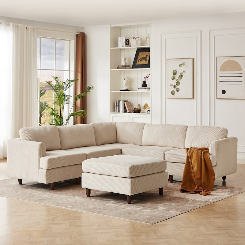 95.6" Modular L Shaped Sectional Sofa, Modern Corduroy Upholstered Convertible Sofa Sleeper Couch with Solid Wood Legs
