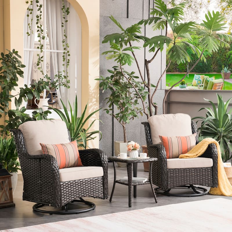 OVIOS 3-piece Patio Wicker Swivel Chair Set - Beige-Brown Wicker