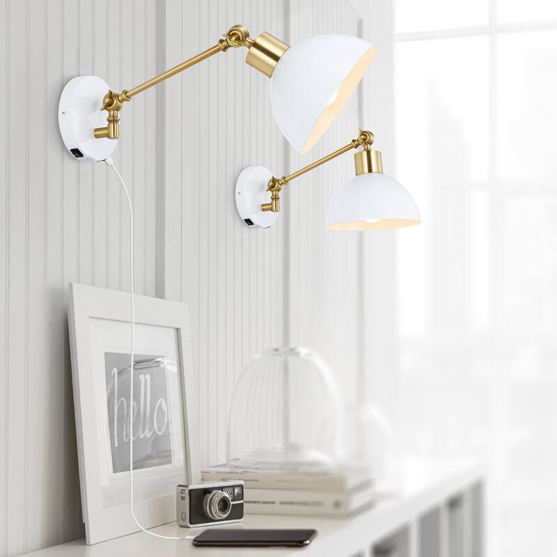 Hygge Swing Arm 1-Light Modern Midcentury Iron USB Charging Port LED Sconce, by JONATHAN Y
