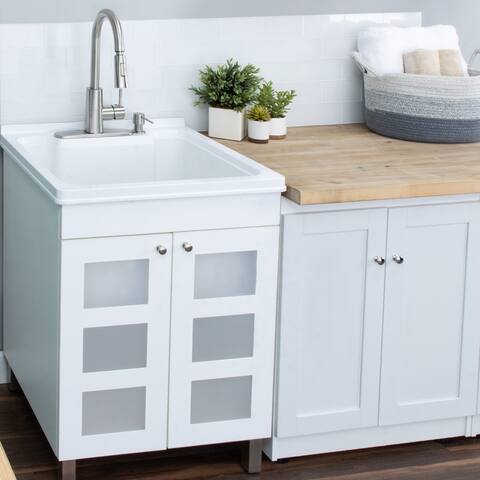 TEHILA White Utility Sink Cabinet, High Arc Faucet, Soap Dispenser