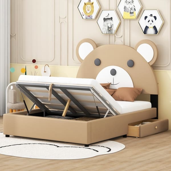 slide 2 of 11, Full Size Upholstery Platform Bed with Cute Bear Shaped Headboard & 2 Storage Drawers, Kids Wood Bedframe with Hydraulic Storage Brown - Full