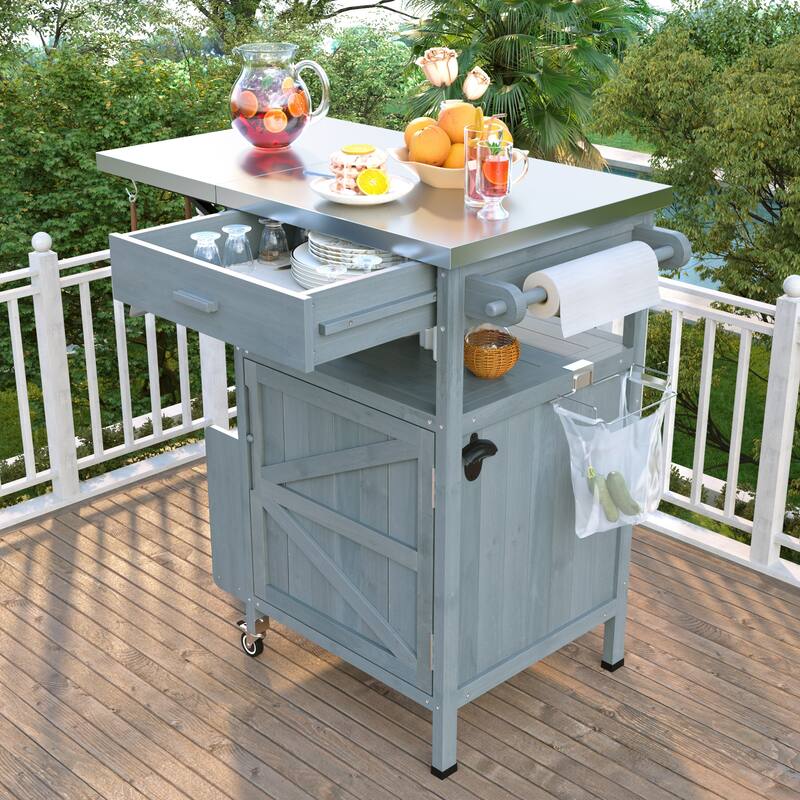 40.5" Outdoor Solid Wood Grill Cart with Stainless Steel Top, Drop Leaf, One Drawer, Towel Rack & Lockable Wheels