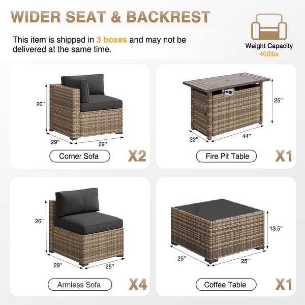 dimension image slide 5 of 12, AOXUN Fire Pit Conversation Set Rattan Sofa Set Outdoor Furniture With Cushions