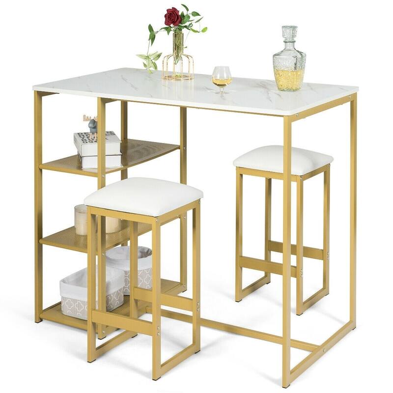3 pcs Dining Set with Faux Marble Top Table and 2 Stools