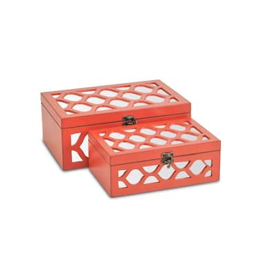 HomeRoots Set of Coral Quatrefoil Mirror Jewelry Storage Boxes