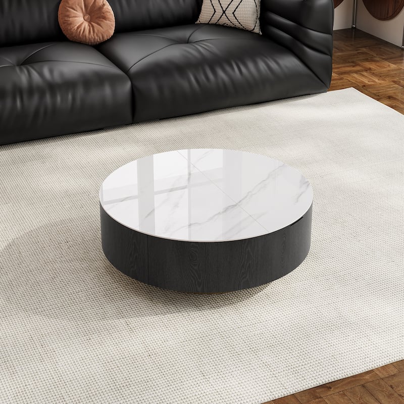 35.43" Round Coffee Table with Lift Top & Drawer, Faux Marble Surface, Solid Wood for Modern Living Spaces