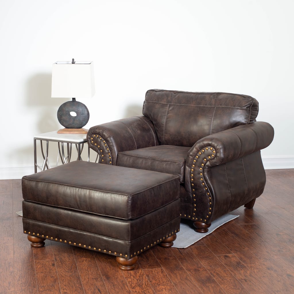 Roundhill Furniture Leinster Fabric Upholstered Nailhead Chair and Ottoman in Espresso