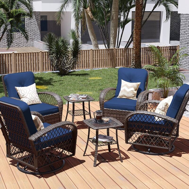 Patio Watcher 6-Piece Brown Wicker 360-Degree Patio Conversation Outdoor Rocking Chair Set with Cushions - Navy Blue