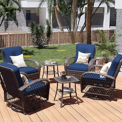 Patio Watcher 6-Piece Brown Wicker 360-Degree Patio Conversation Outdoor Rocking Chair Set with Cushions