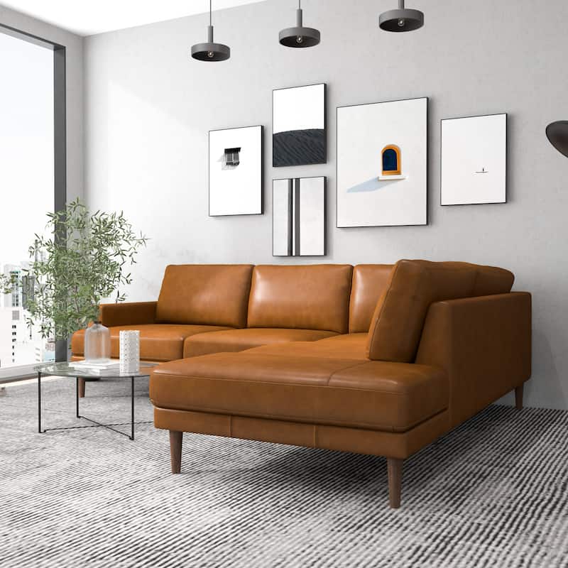 Hannah Mid-Century Modern Living Room Top Leather Corner Sectional Couch in Cognac Tan - Tan