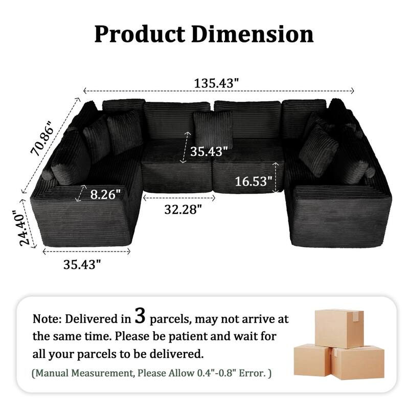 135.5" Striped Corduroy Modular U-Shaped Sectional Sofa with Pillows