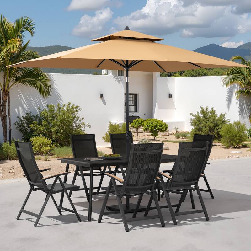 9PC Outdoor Patio Dining Set WoodLike Aluminum Umbrella Hole Table with Folding Chairs,Double Top Market Umbrella and Wheel Base - BlackTable&BlackChairs&TanUmbrella