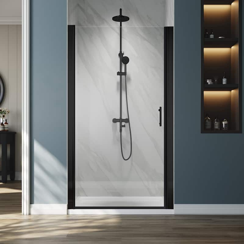 Elegant Adjustable Width Frameless Pivot Swing Shower Door with 1/4 inch Transparent Tempered by Certified Glass Door - Matte Black - 35.5-37"