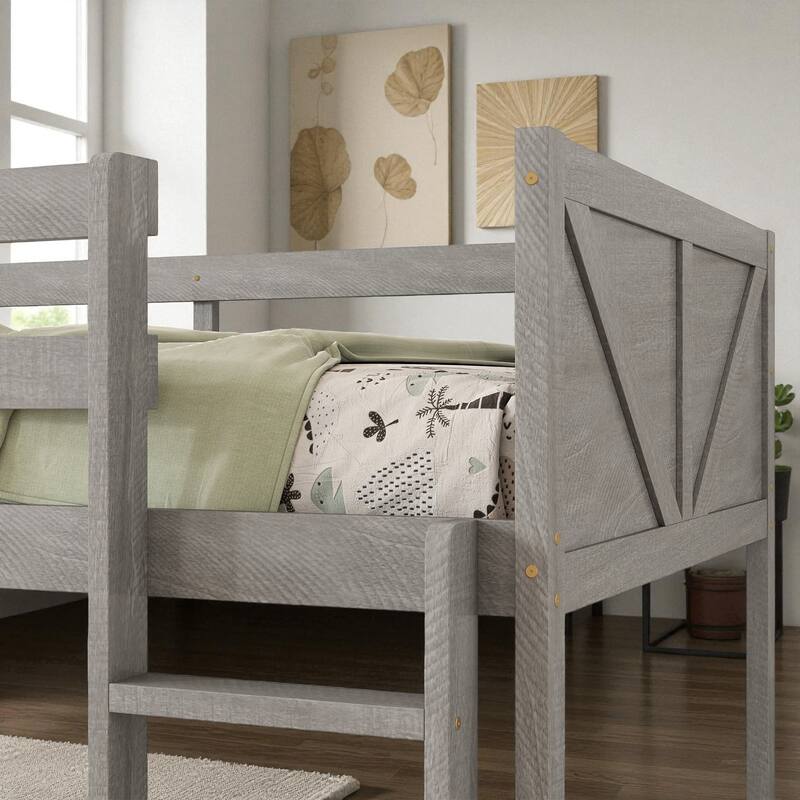 Twin Over Twin Floor Bunk Bed with Ladder and Guardrails, Solid Rubber Wood Frame with Panel Headboard and Footboard