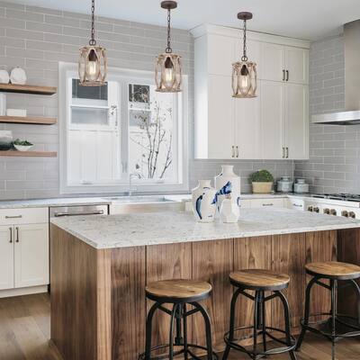 Clovy Modern Farmhouse 1-Light Solid Wood Lantern Cylinder Pendant for Kitchen Island - D6"x H 69"
