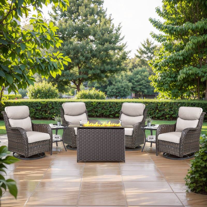 Outdoor Swivel Glider Chair Patio Chairs with 5-Inch Thick Cushions - Brwon Wicker Beige Cushion - 6PCS Fire Table Swivel Chairs