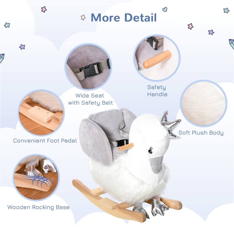 Kids Rocking Swan Toy Plush Seat Wooden Base Interactive Sound for Toddlers Ages 18 to 36 Months - 23.6" L x 13" W x 23.2" H