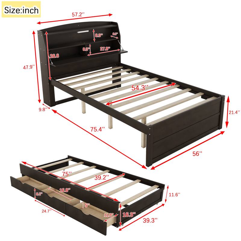 Wooden Captains Bed Platform Bed with Trundle, Bookcase, Drawers