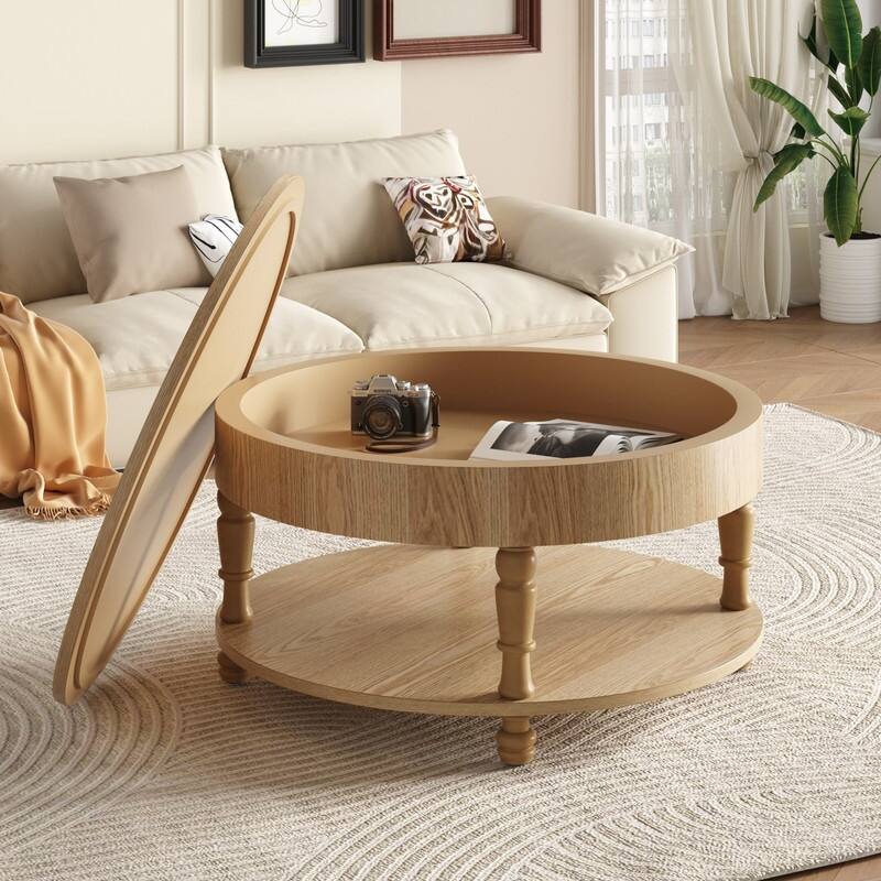 Modern Round Coffee Table with Dual Storage and Flip-Top Design for Living Room Organization