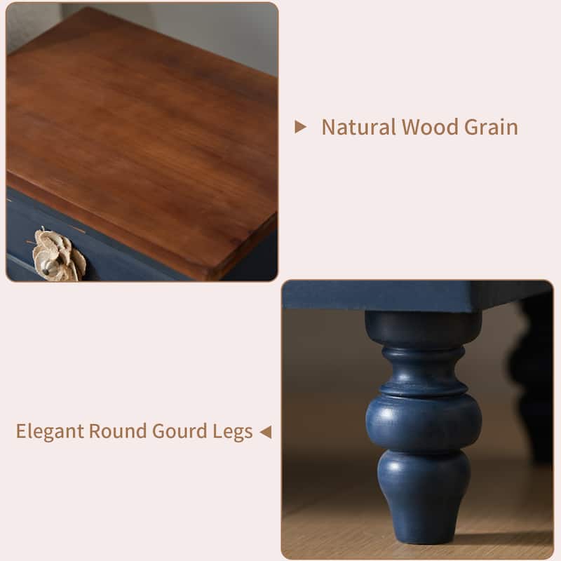 Vintage Farmhouse End Table with Floral Knobs -19"Rustic Nightstand with 3 Drawers Gourd Legs,Bedside or Sofa Accent Table