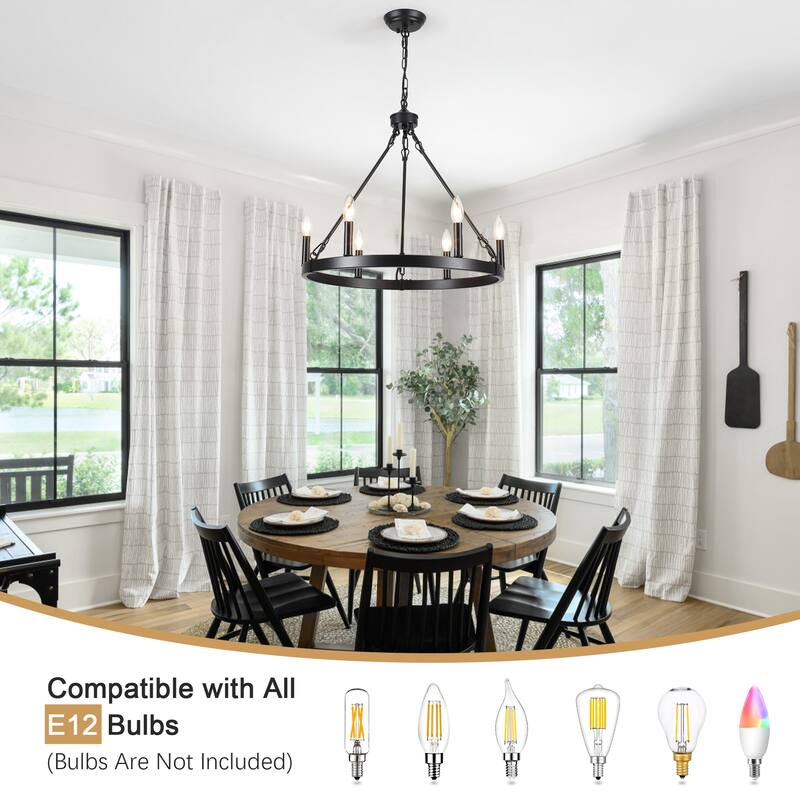 6-Light Farmhouse Candlestick Circle Iron Wagon Wheel Chandelier for Dining Room with No Bulbs Included