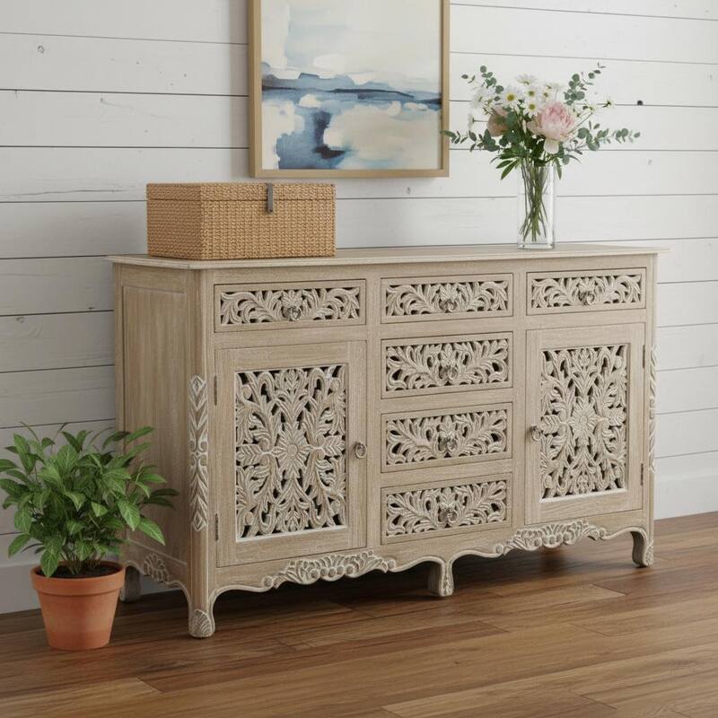 HomeRoots 66" Gray Distressed Solid Wood Carved Floral Six Drawer Sideboard with Two Doors - 66.00 in. x 36.00 in. x 20.00 in. - 66.00 in. x 36.00 in. x 20.00 in.