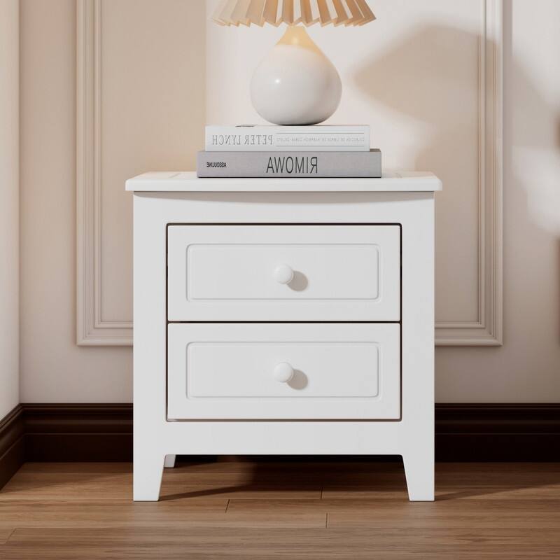 2-Drawer Nightstand for Bedroom, Mid Century Retro Bedside Table with Classic Design - White