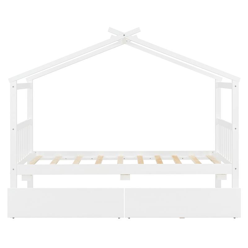 Twin Size House Bed with Storage Drawers and Solid Wood Frame