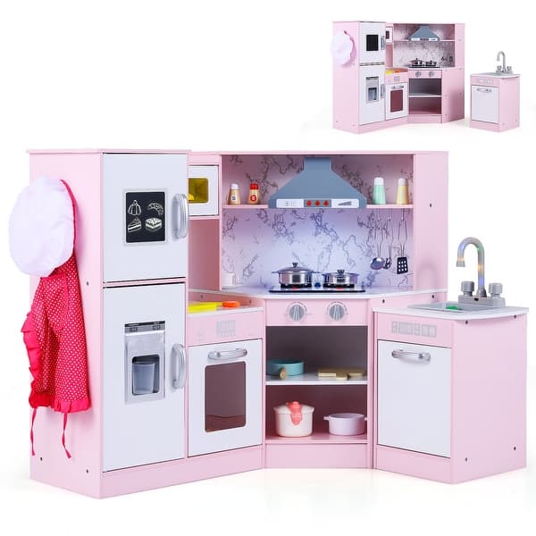 slide 2 of 10, Gymax Kids Corner Kitchen Playset Wooden Pretend Play Toy w/ Microwave Pink