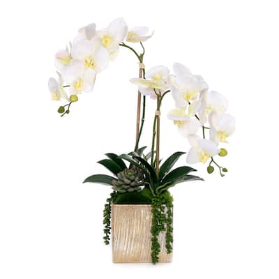 Real Touch Orchid Flower Arrangement in Cube Nickel Pot - White
