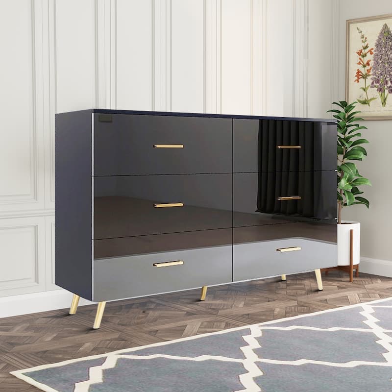 Modern Minimalist High Gloss Wooden Storage Dresser with Center Support Leg - Black