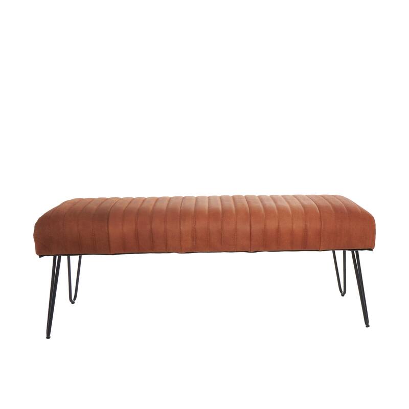 Leather Upholstered Home Bench with Linear Tufted Panels and Black Metal Hairpin Legs - Brown or Dark Brown - Roche River Decor
