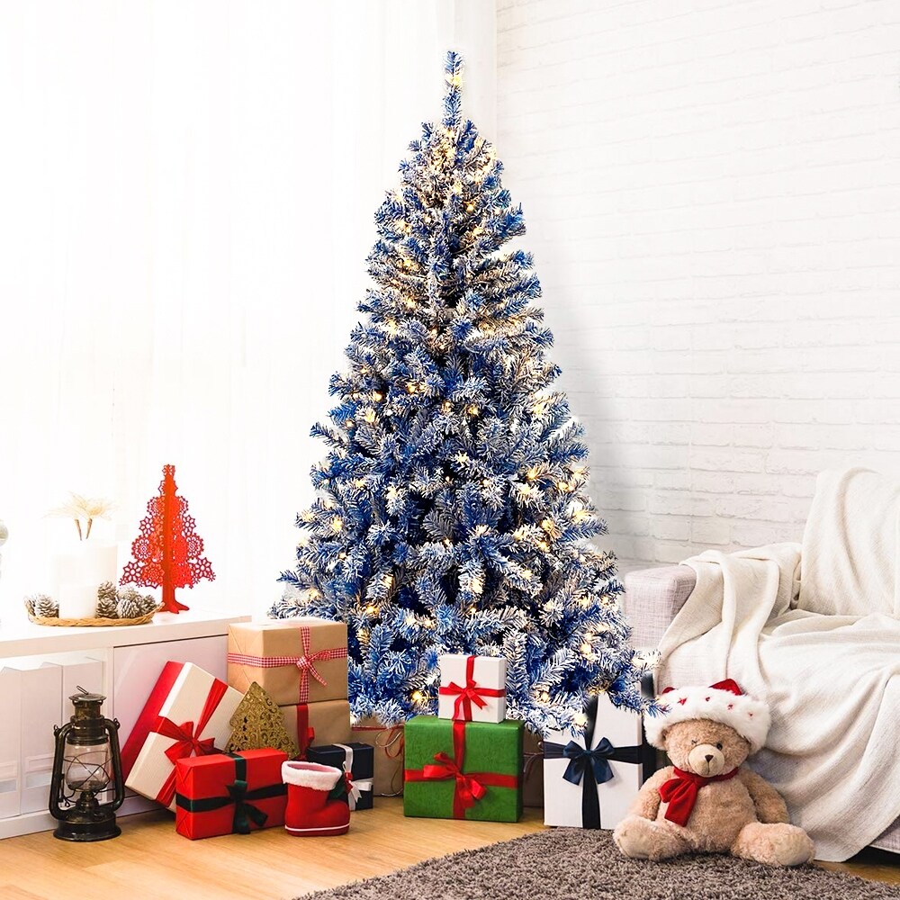 6Ft Blue Christmas Tree with 300 Lights, Snow Flocked Holiday Tree