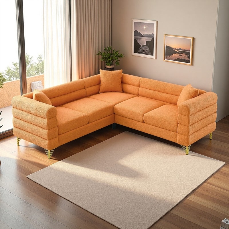 81.5" Teddy Fabric L-Shaped Sectional Sofa, 5-Seater Corner Couch with 3 Cushions - Orange