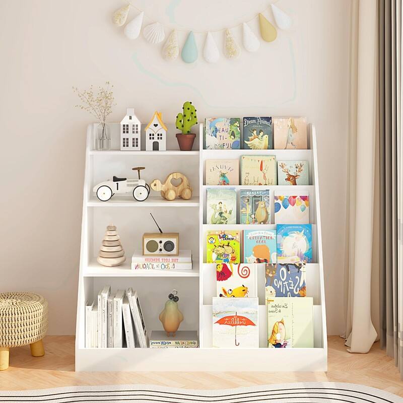 Kids Bookshelf and Toy Storage Organizer, 4-Tier Wooden Bookcase Display Shelf