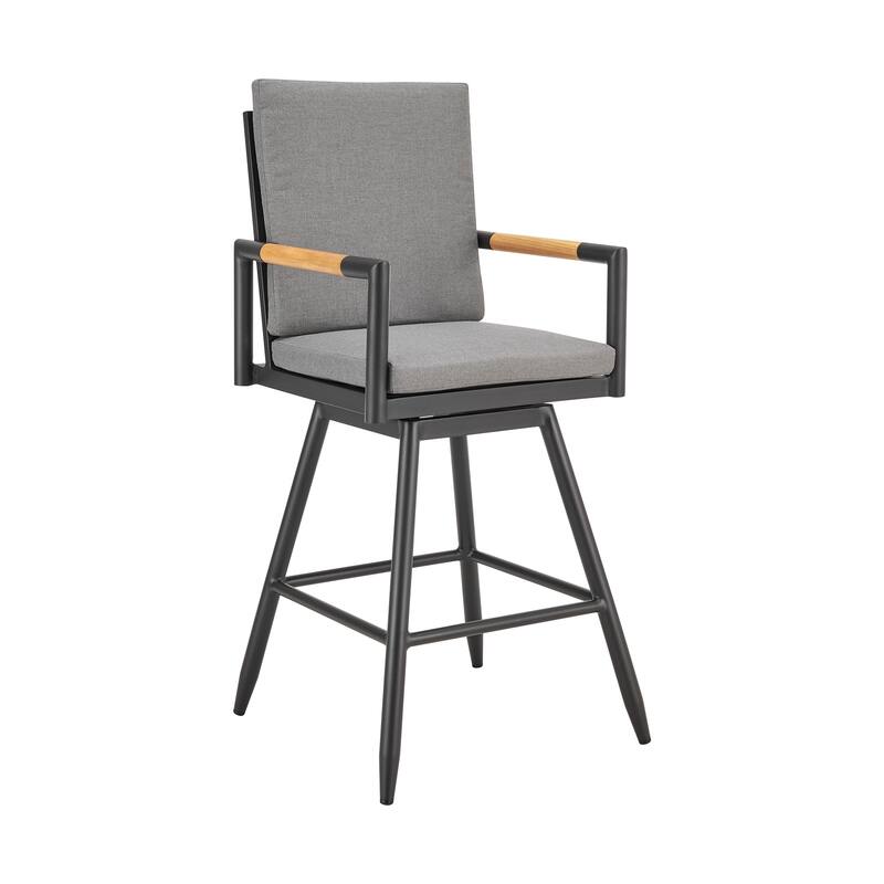 Crown Outdoor Patio Swivel Bar Stool in Black Aluminum with Wood Accent and Dark Gray Cushions