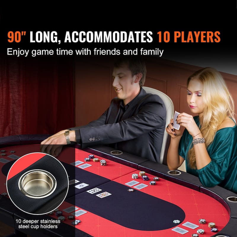 Black-Red Foldable Poker Table, Metal Steel Frame, Wooden Top and 10 Player Capacity - 90.2” L x 48” W x 31.5” H