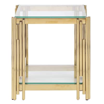 20" Wide Square End Table with Glass Top, Golden Stainless Steel Tempered Glass Coffee Table